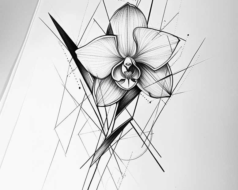 Orchid flower, geometric lines, black and grey, tattoo design idea; project suitable for cover-up.