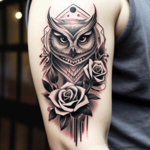 Owl head in geometric armor with two roses, black and grey, tattoo design project; cover-up suitable; pattern elements.