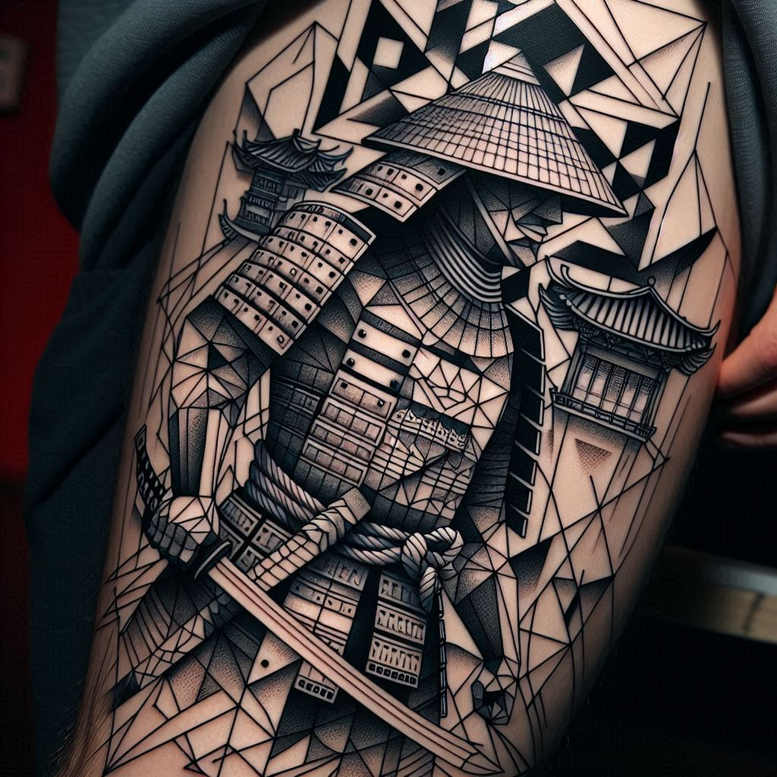 Pagoda, temple, sword, and geometric shapes; black and grey; AI-generated tattoo project; cover-up suitable.