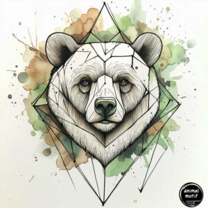 Panda head in black and grey with geometric diamond outlines; green and brown watercolor splashes in the background; tattoo project idea; suitable for a cover-up: no.