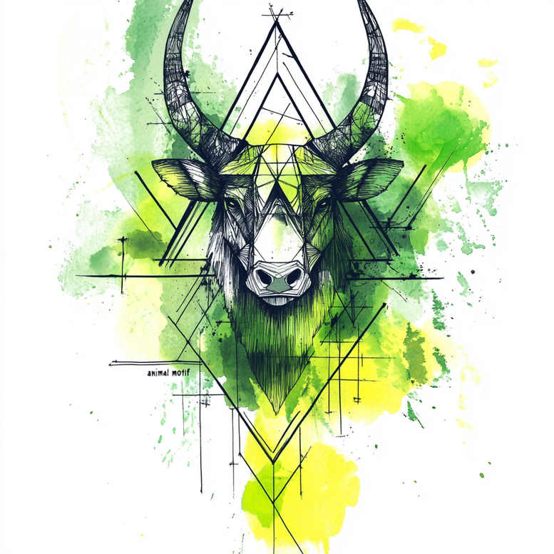 Bull head, geometric triangles, and lines in green and yellow watercolor; black ink; AI-generated tattoo project; suitable for cover-up.