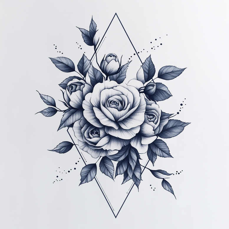 Blue-grey rose bouquet with leaves and a geometric diamond frame in black and grey tones; tattoo design project; not ideal for cover-up; includes pattern.