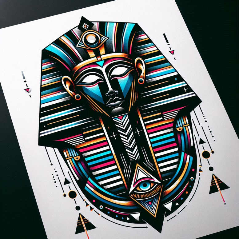 Mask, eye, triangles, lines, dots, circles; full color; completed tattoo design project; not intended for cover-up.