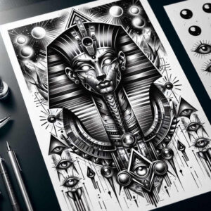 Pharaoh head with striped headdress, eyes, triangles, and circles in black and grey; tattoo project idea, suitable for cover-up.