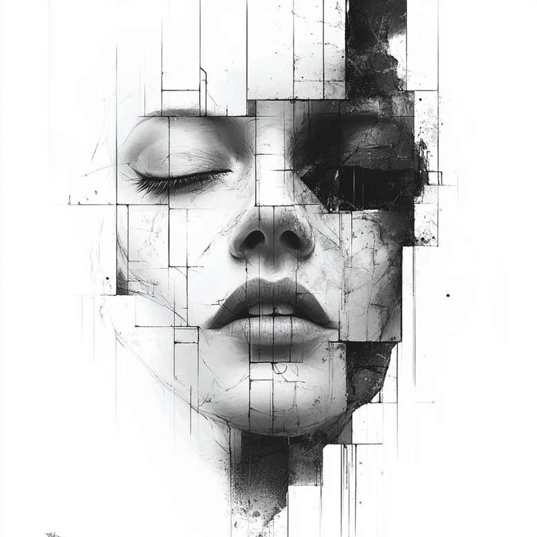 Face, blocks, lips, nose, eye; black and grey; tattoo project; cover-up suitable.