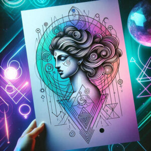 A black and grey line art portrait of a woman in profile with flowing hair, geometric circle and triangle shapes on white paper; tattoo idea; not suitable for cover-up.