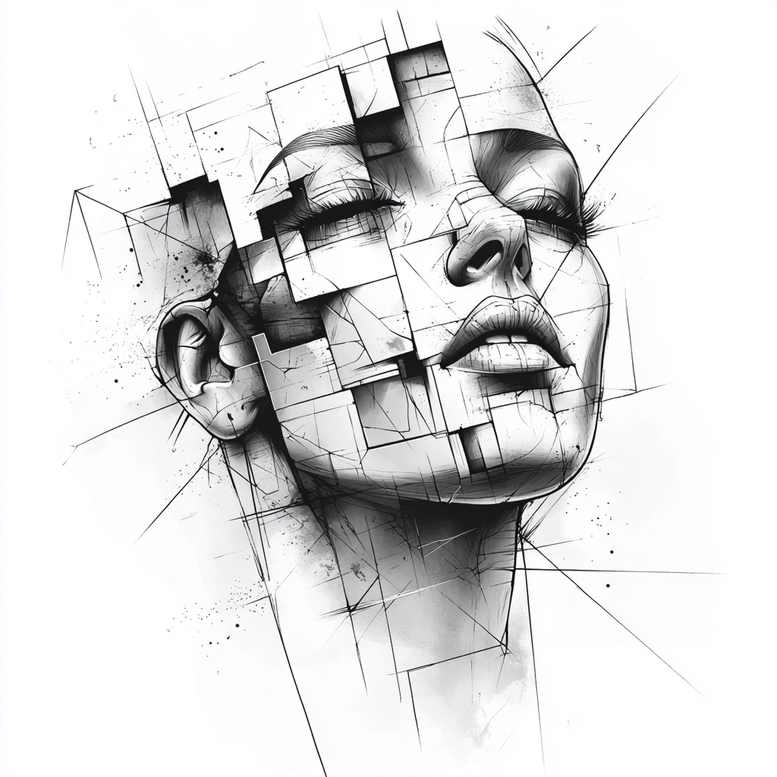 Black and grey geometric portrait of a woman's face formed by squares and lines; visible neck and ear; tattoo project idea, suitable for cover-up.