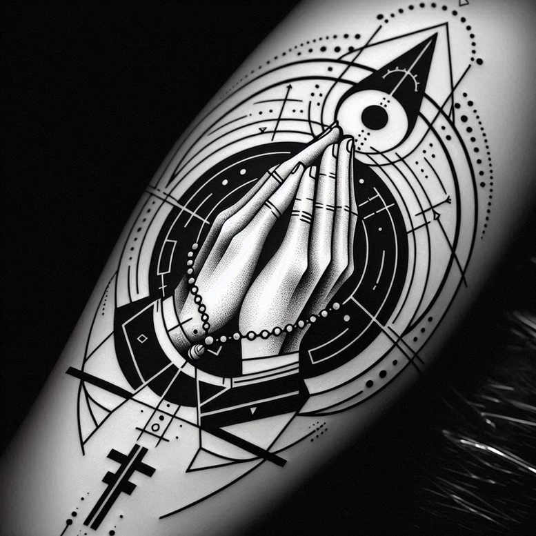 Hands in prayer with rosary beads, circle motif, eye, and geometric line in black and grey; AI-generated tattoo project, cover-up ready.