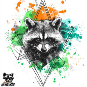 Raccoon head in black and grey with geometric triangles, orange, green, and teal watercolor splashes; AI-generated tattoo project; suitable for cover-up.