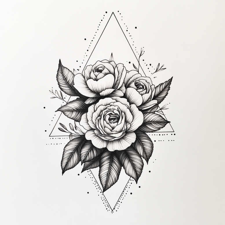 Black and grey rose cluster with a geometric diamond frame and dot accents; tattoo design idea.