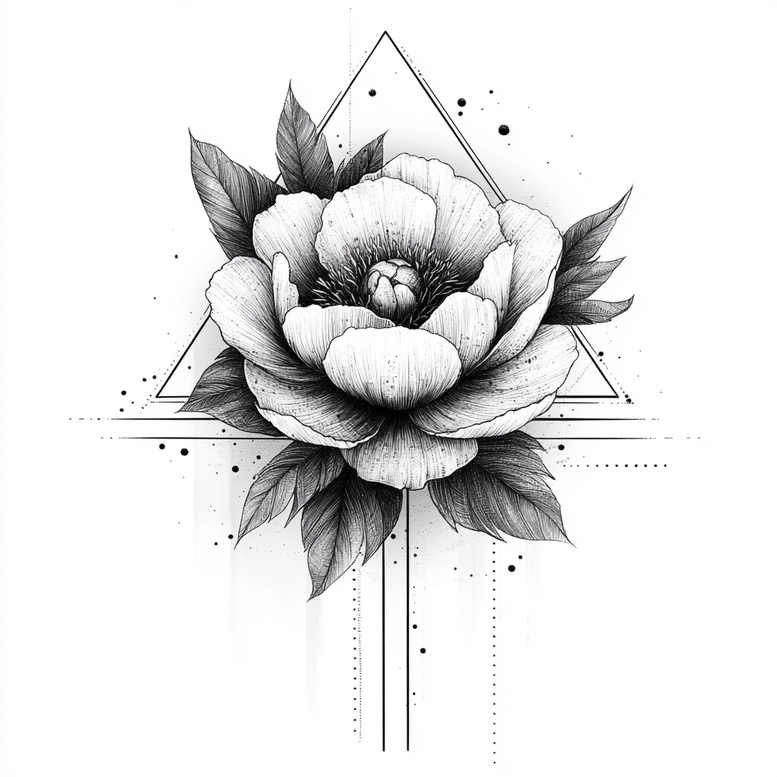 Black and grey rose blossom with leaves, geometric triangle, lines, and dots; AI-generated tattoo project.
