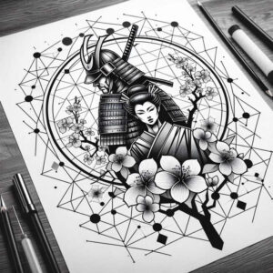 Black and grey tattoo design featuring samurai, geisha, circle, blossom, branch, line, dot; project; suitable for cover-up.
