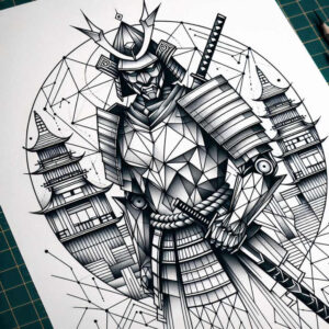 Black and grey geometric samurai armor tattoo design with a katana, pagoda towers, and circular lattice background; AI-generated tattoo project; excellent for cover-up.