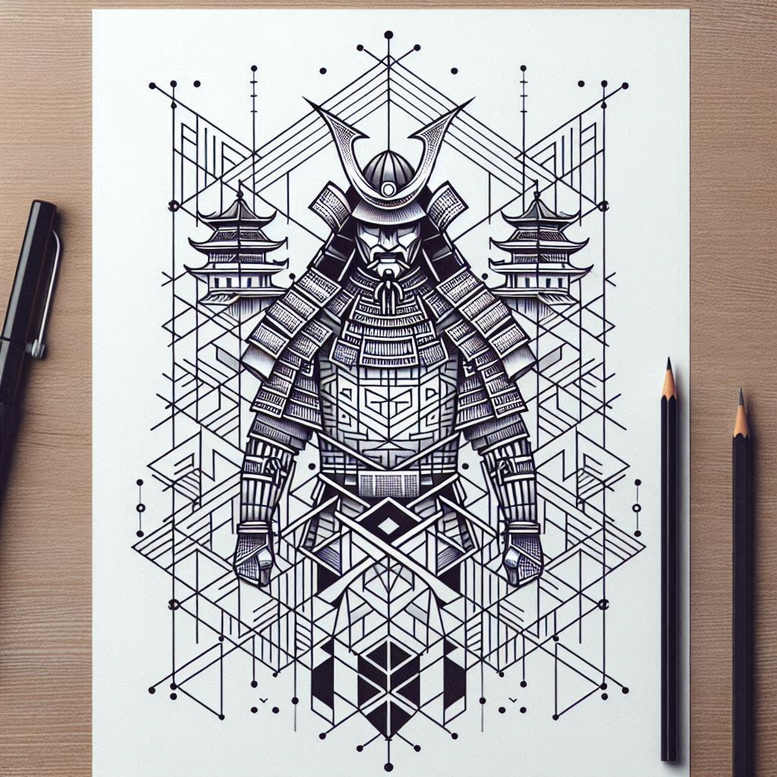 Samurai, armor, pagoda, sword, and geometric line work in black and grey; tattoo design idea; cover-up suitable.