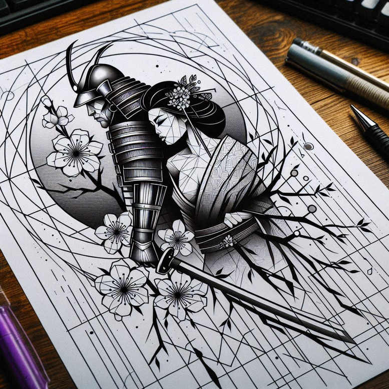 Samurai, sword, blossoms, branches in black and grey; tattoo design project idea; cover-up suitable; pattern.