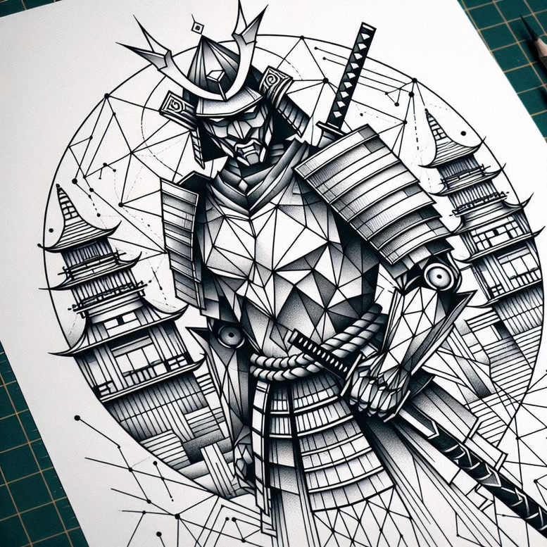 Geometric black and grey samurai with a katana, flanked by pagodas inside a circular motif; a tattoo project idea, suitable for a cover-up.