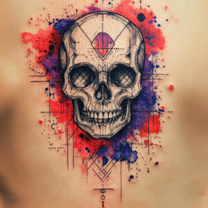 Skull with geometric lines and watercolor splashes in red, purple, and blue; black and grey shading; AI-generated tattoo project; suitable for cover-up.