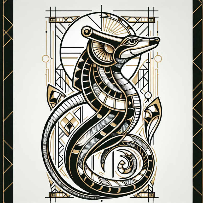 Snake with circles, diamonds, and triangles in black and grey with gold accents on pale background; AI-generated tattoo project.