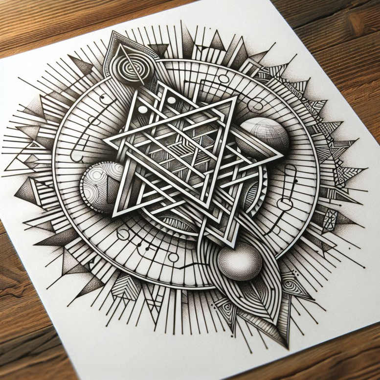 Black and grey tattoo design with squares, circles, spheres, a ring, triangles, and radiating rays; cover-up ready.