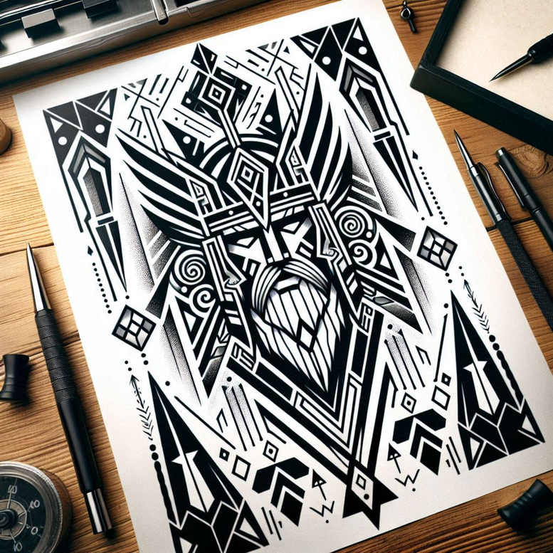 Paper with a bold black-and-grey geometric tribal tattoo design on a desk; visible objects include pen, marker, compass, and tape measure; project idea suitable for cover-up.