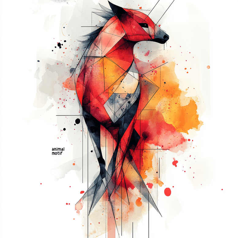 Geometric horse in red, orange, and blue-gray facets with black linework and watercolor splashes; full color, tattoo project; pattern present; not suitable for cover-up.