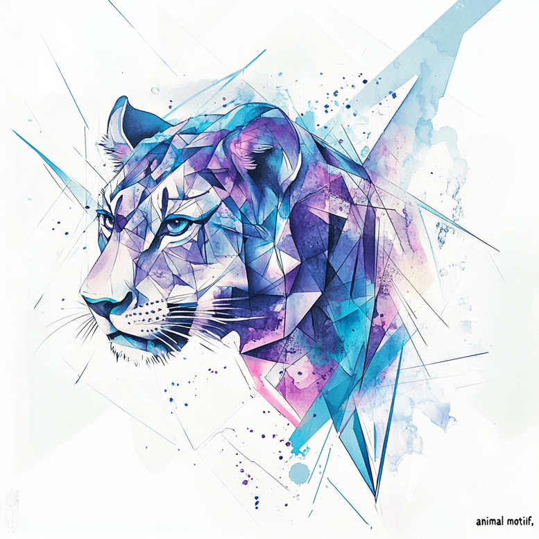 Tiger head in blue and purple geometric shapes with black outlines; watercolor wash; AI-generated tattoo project; suitable for cover-up.