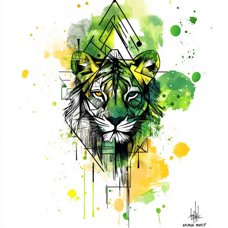 Tiger head composed of geometric lines with green and yellow watercolor splashes and black outlines; tattoo project, suitable for cover-up.