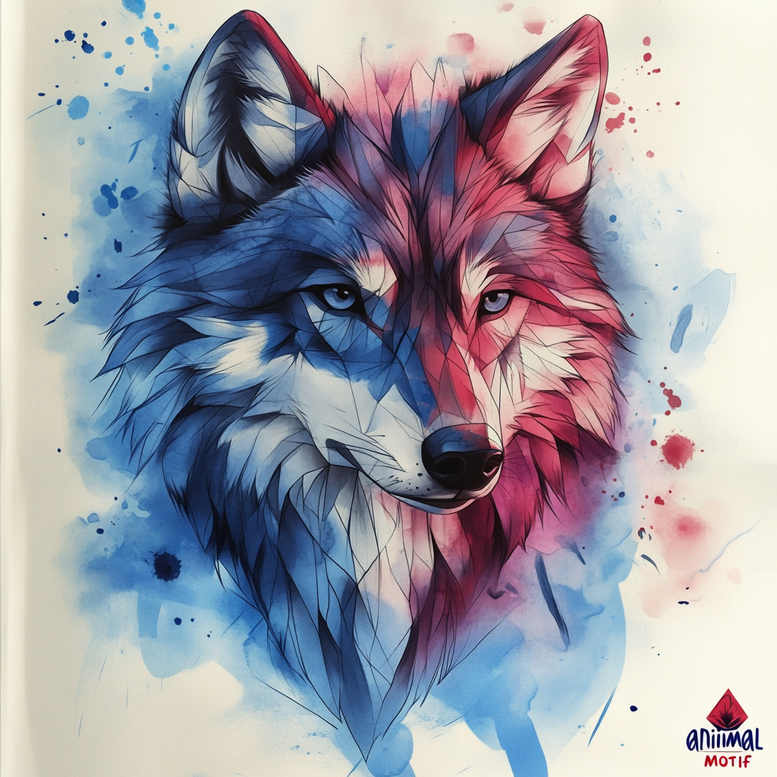 Wolf head in blue and red geometric watercolor style, blue eye, black nose; AI-generated tattoo project; suitable for cover-up.