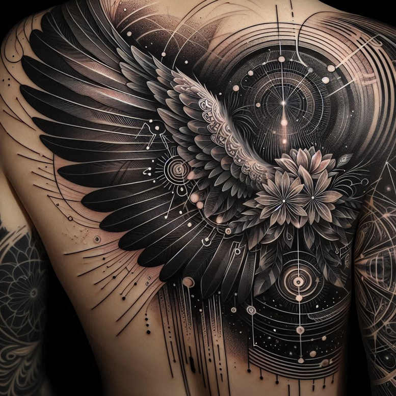 Wing, flower, circle, line, dot pattern elements in black and grey; tattoo project on shoulder/back; cover-up suitable.