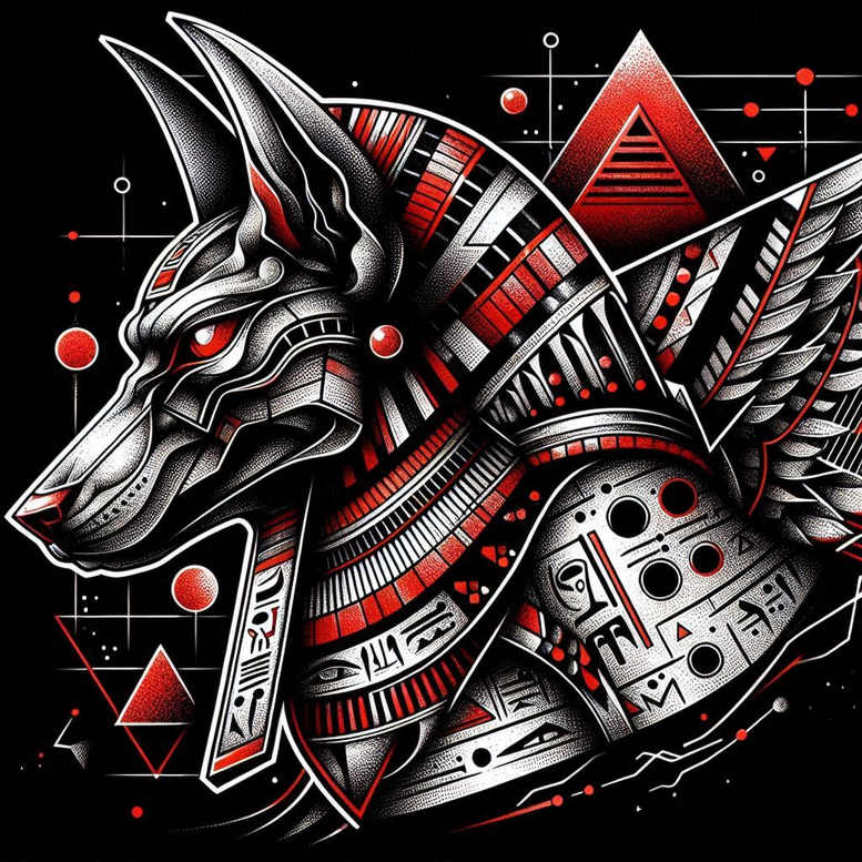 Wolf head in black and white with red accents, armored plating and geometric patterns; AI-generated tattoo project, suitable for cover-up.