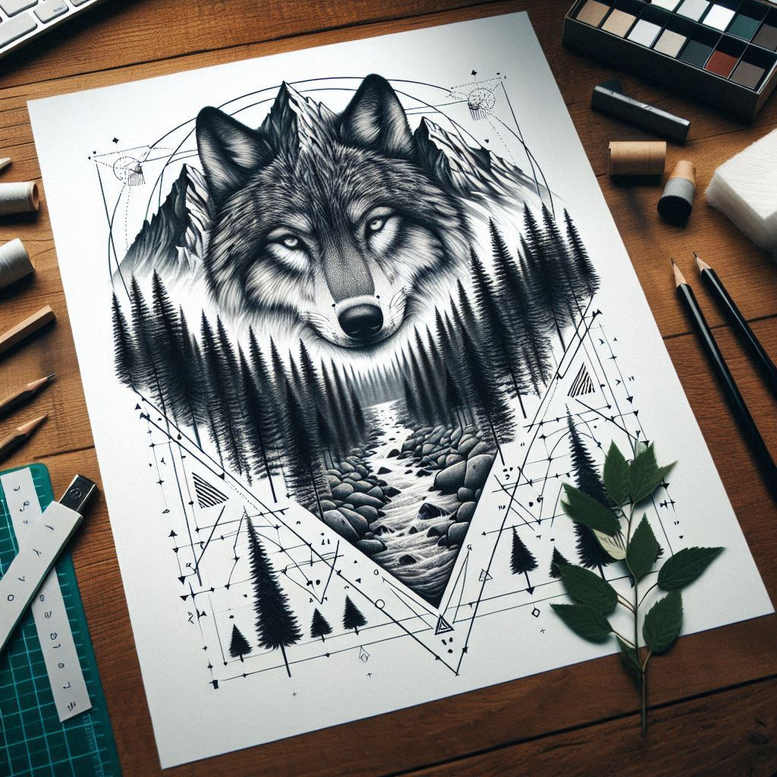 Black and grey wolf head with mountains, pine trees, a winding river, and rocks inside a geometric diamond frame; tattoo design concept, project idea; suitable for cover-up.