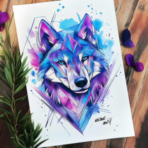 Wolf head composed of blue, purple, and pink geometric polygon pattern on white background; AI-generated tattoo project; not ideal for cover-up.