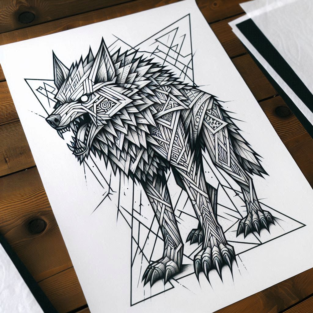 Wolf, paper sheet, and wooden table; black and grey; AI-generated tattoo project concept; not a cover-up.