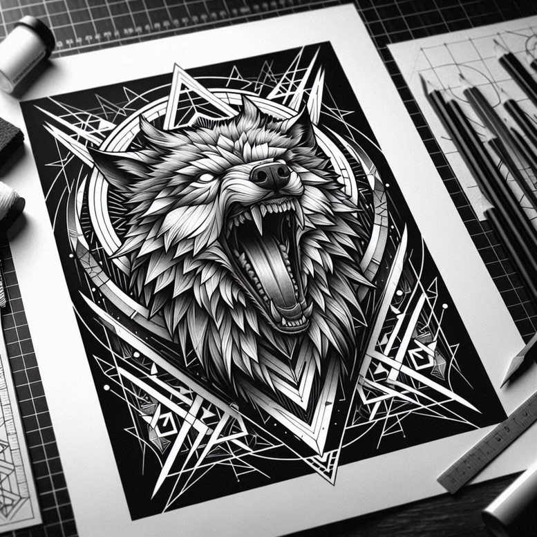 Wolf head in black and grey with geometric frame and triangles; tattoo project; suitable for cover-up.