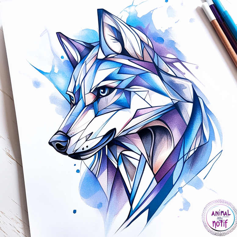 Wolf head in geometric blue and purple tones with white highlights; color; pattern; project concept; not intended for cover-up.