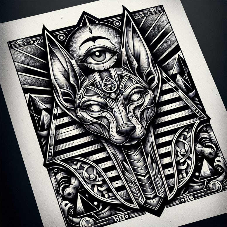 Wolf head with all-seeing eye framed by geometric panels, black and grey, AI-generated tattoo project; suitable for cover-up.