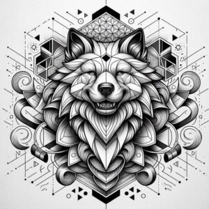 Wolf in black and grey, geometric shapes surround; AI-generated tattoo project; suitable for a cover-up.
