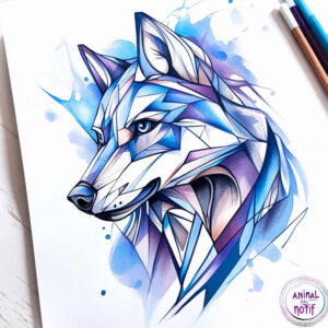 Geometric wolf head in blue, white, and purple; color tattoo design; pattern-based project concept; not a cover-up.