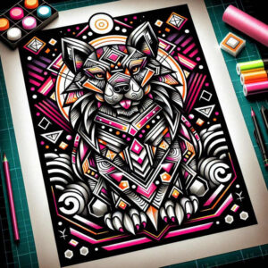 Wolf tattoo on black background with neon pink, purple and orange geometric patterns; tattoo project idea; cover-up suitable.