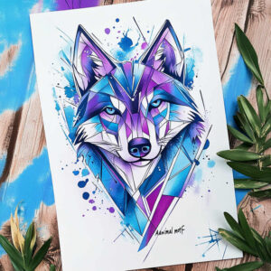 Wolf head formed from blue and purple geometric facets with cyan watercolor splashes on white background; full color tattoo project, not primarily for cover-up.