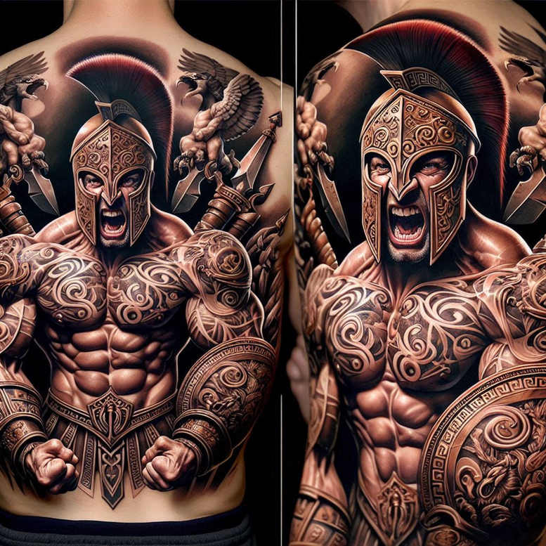 Helmeted gladiator with brass helmet, ornate armor pattern, round shield, and muscular torso; black and grey tattoo project, suitable for cover-up.