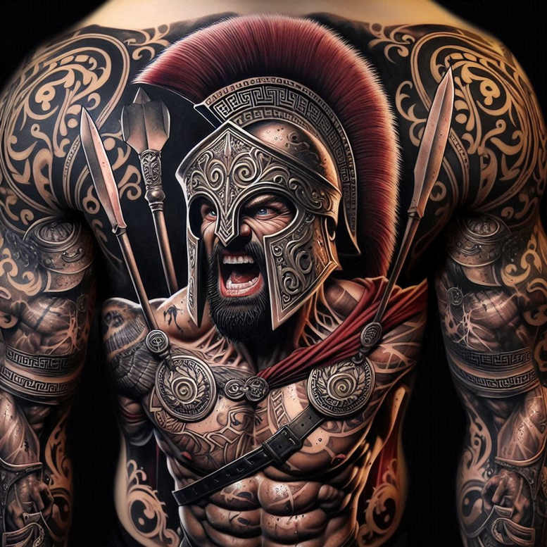 Helmeted gladiator with spear, red cape, and ornate armor in black and grey, featuring pattern across armor; cover-up-ready tattoo concept.