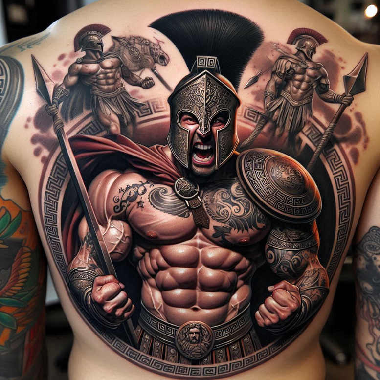 Full-color back tattoo project showing a muscular Spartan warrior with ornate helmet, shield, spear, cape, belt, and Greek-key armor patterns.
