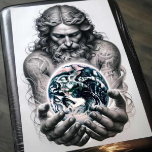 Man with long hair and beard holds a colored Earth globe in grayscale; arms with tattoos visible; black and grey tattoo project; cover-up suitable.