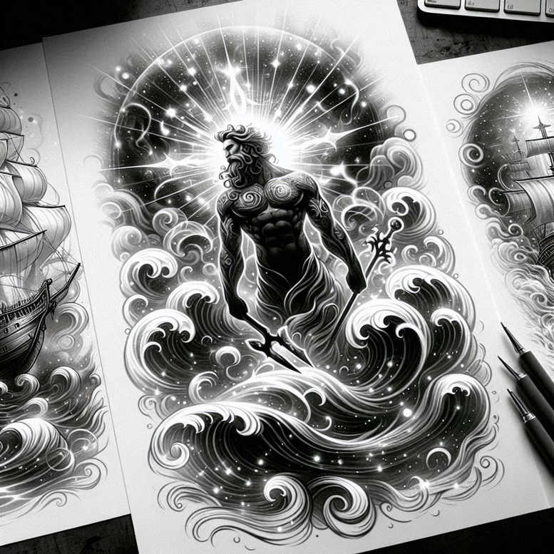 God figure with a trident rising from black and grey waves, ships in the background, a radiant halo behind the head; AI-generated tattoo project; cover-up option.