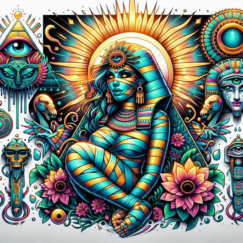 Goddess figure wrapped in blue and gold bandages with a radiant halo, visible eye motif on the head, mask, lotus flowers, earrings, skull, and orb; color tattoo project; cover-up: no.