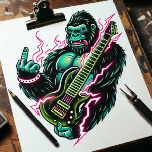 Gorilla with green electric guitar on white paper clipped to a clipboard, neon pink lightning accents, pencil and marker nearby; full-color tattoo design idea, project; not intended as cover-up.