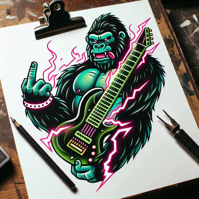 Gorilla with green electric guitar on white paper clipped to a clipboard, neon pink lightning accents, pencil and marker nearby; full-color tattoo design idea, project; not intended as cover-up.