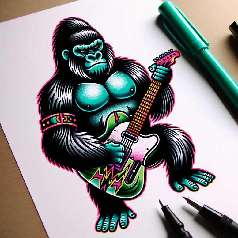 Color illustration of a gorilla playing an electric guitar in neon teal and pink on white paper; color tattoo design concept, not a finished tattoo.