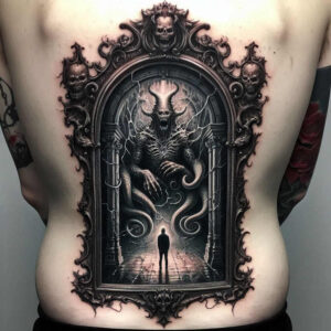 Back piece in black and grey featuring frame, demon with horns, tentacle, man silhouette, and skulls; AI-generated tattoo project; cover-up suitable.
